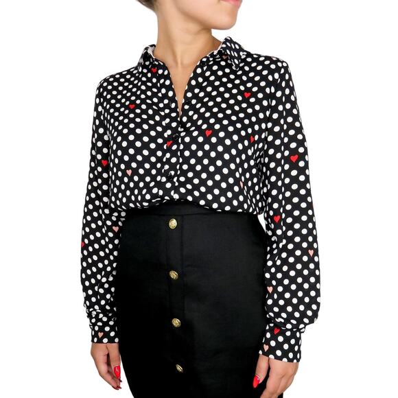Urban Outfitters Popsugar Black Polka Dot Red Heart Polka Dot Button Down Blouse - Picture 2 of 6